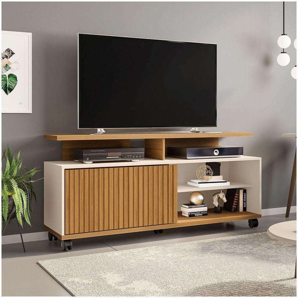Rack Bancada Para Tv Até 52 Pol. Com Rodízios 1 Porta Topázio Cinamomo/Off White/Ripado - Bechara - 5