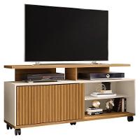 Rack Bancada Para Tv Até 52 Pol. Com Rodízios 1 Porta Topázio Cinamomo/Off White/Ripado - Bechara - 1