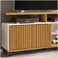 Rack Bancada Para Tv Até 52 Pol. Com Rodízios 1 Porta Topázio Cinamomo/Off White/Ripado - Bechara - 3