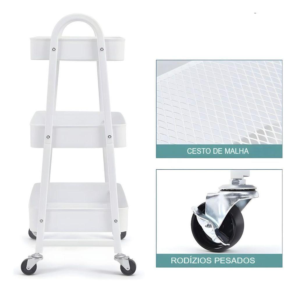 Prateleira De Metal Multiuso 3 Andares Com Rodinhas - Organização e Praticidade branco - 8
