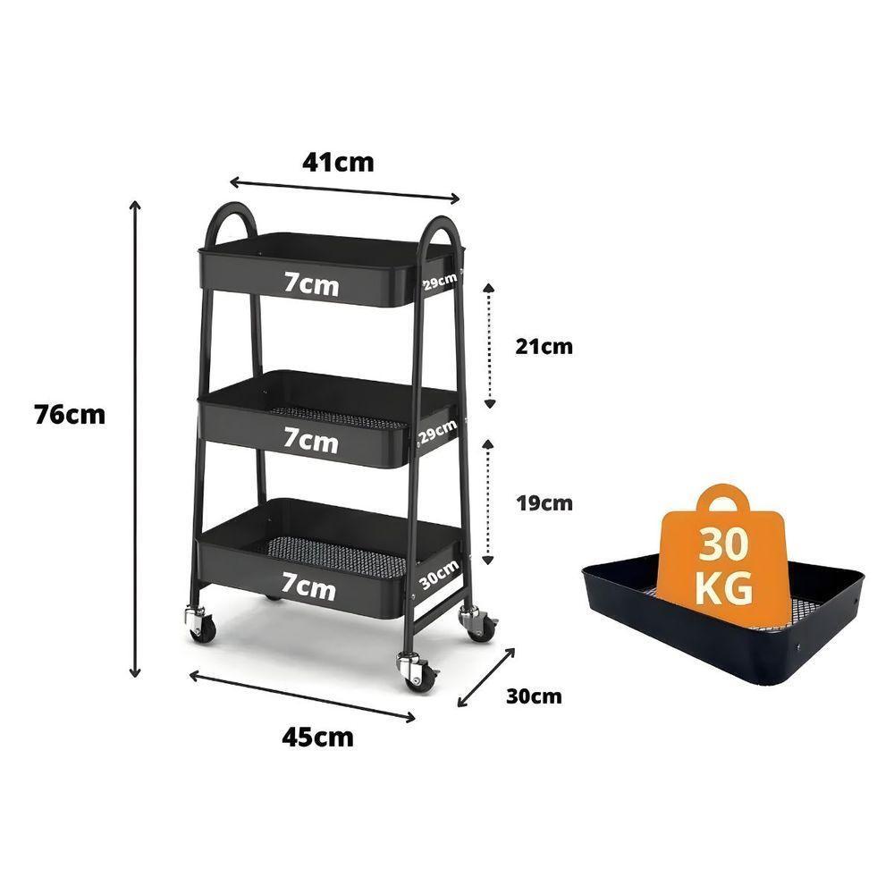 Prateleira De Metal Multiuso 3 Andares Com Rodinhas - Organização e Praticidade preto - 6