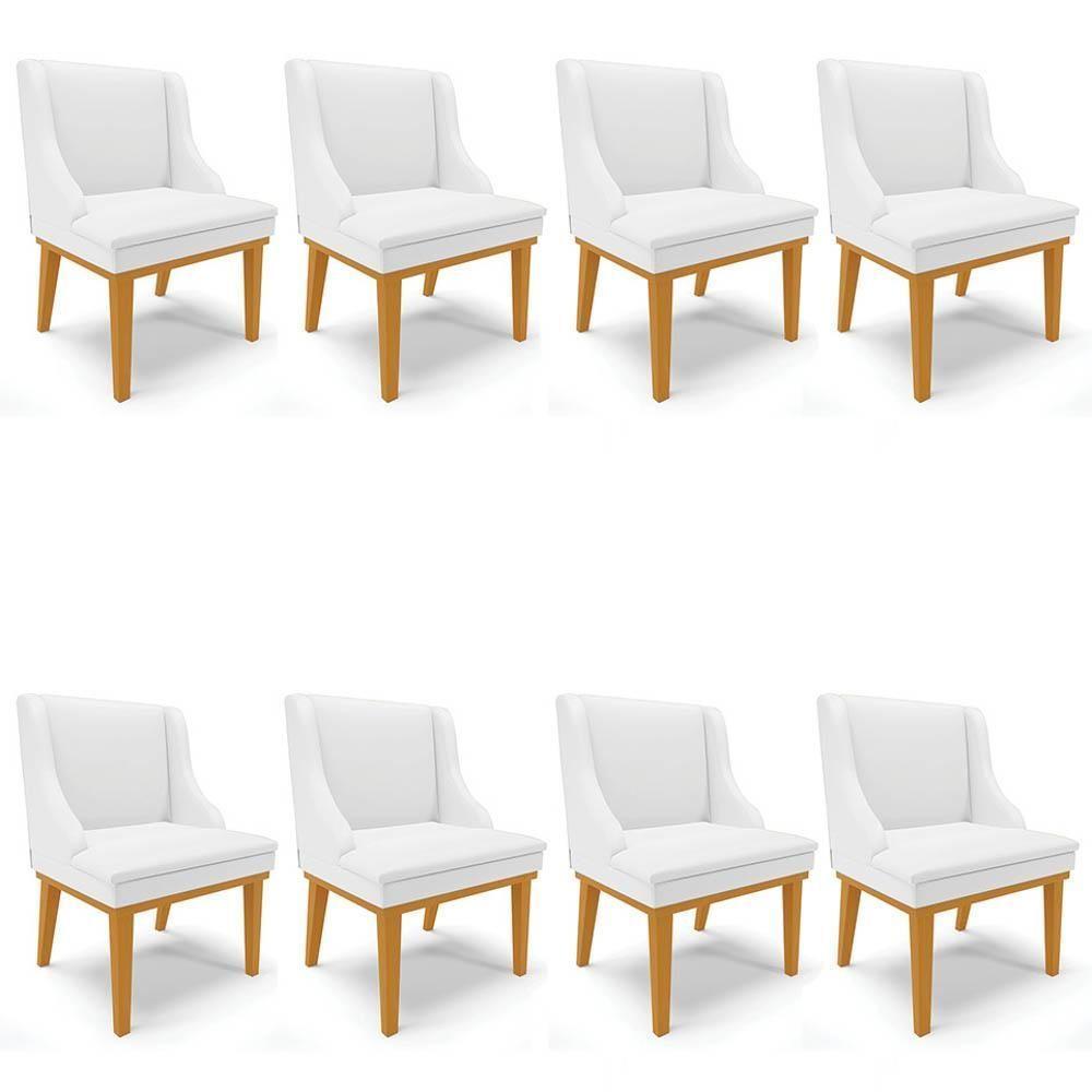 Kit 8 Cadeiras Estofadas Sala De Jantar Base Fixa De Madeira Castanho Lia Sintético Branco - Ibiza - 1
