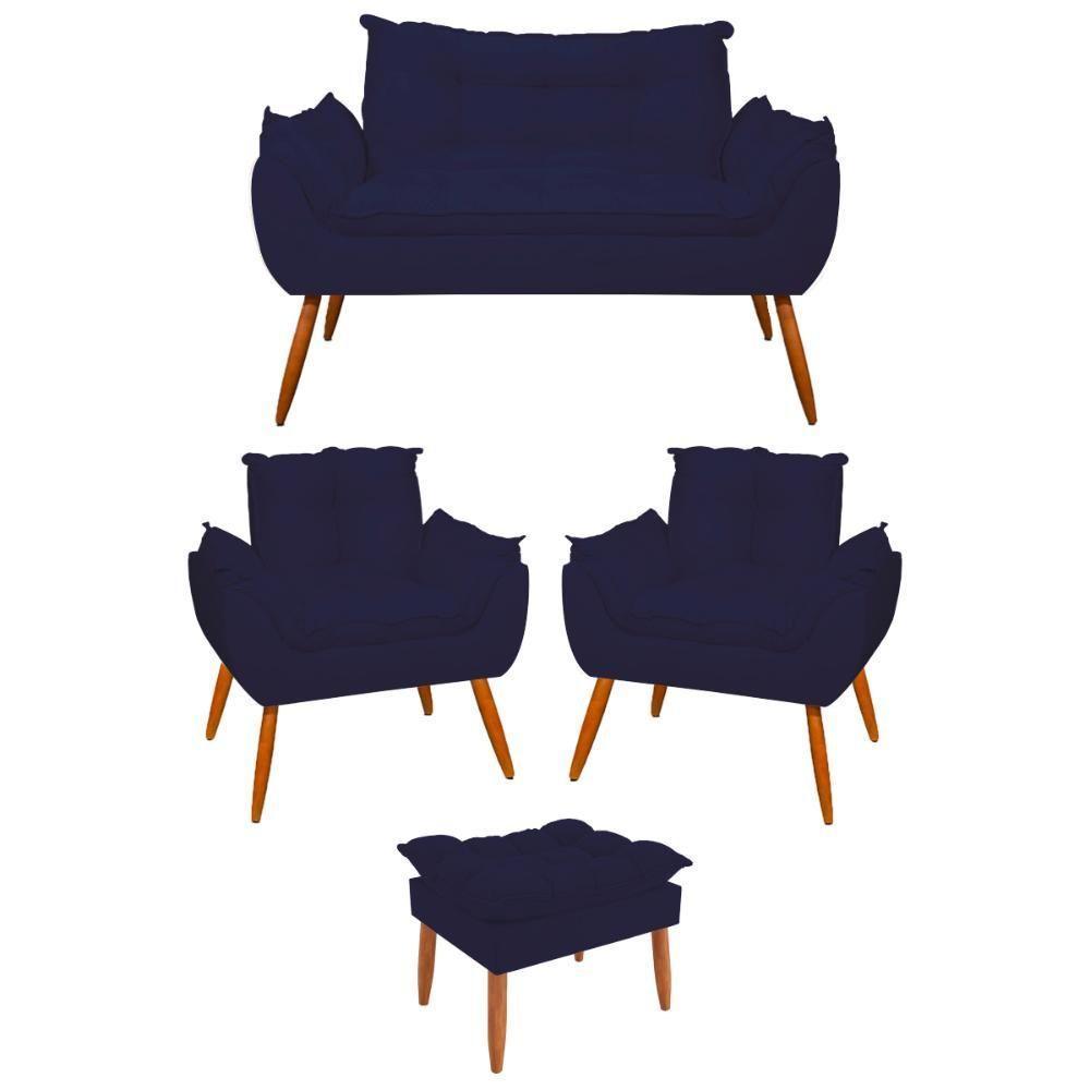 Kit 02 Poltronas + Sofá 2 Lugares Com Puff Opala Balaqui Azul Marinho - 1