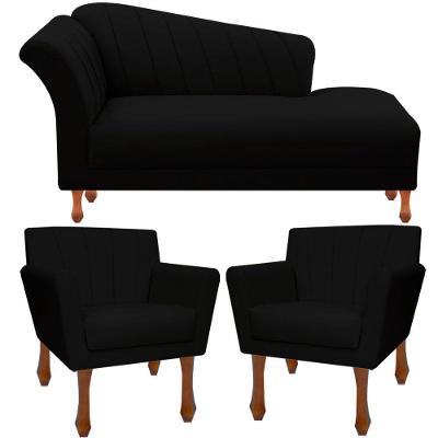 Kit Recamier Sofá Divã Clinica 180 + 2 Poltrona Iza Retro suede Preto