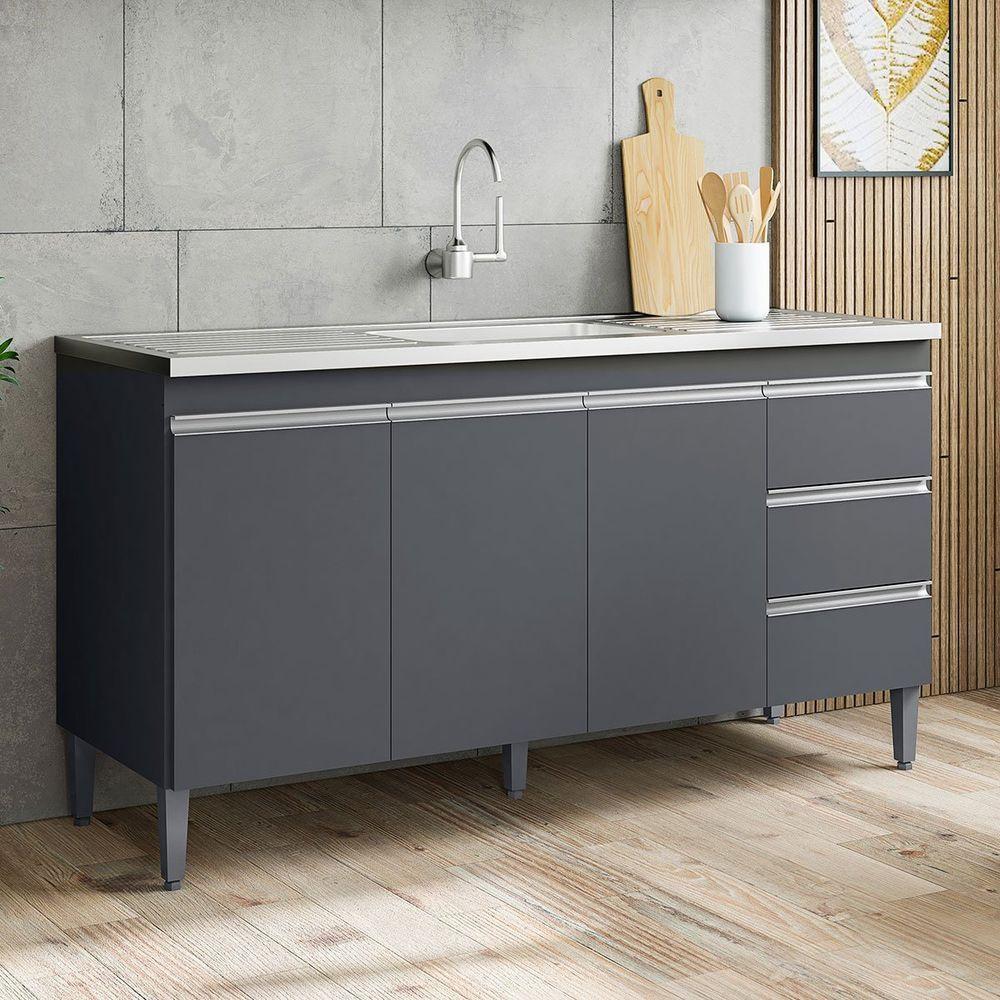 Balcão de Pia 150 Cm Adriana 3 Portas 3 Gavetas Cinza - 2