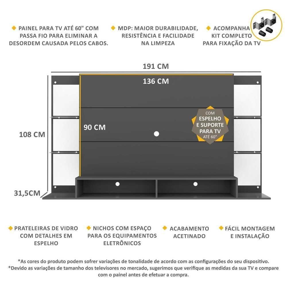 Painel Tv 60 com Suporte Espelho e Prateleiras Vidro Grafite - 2