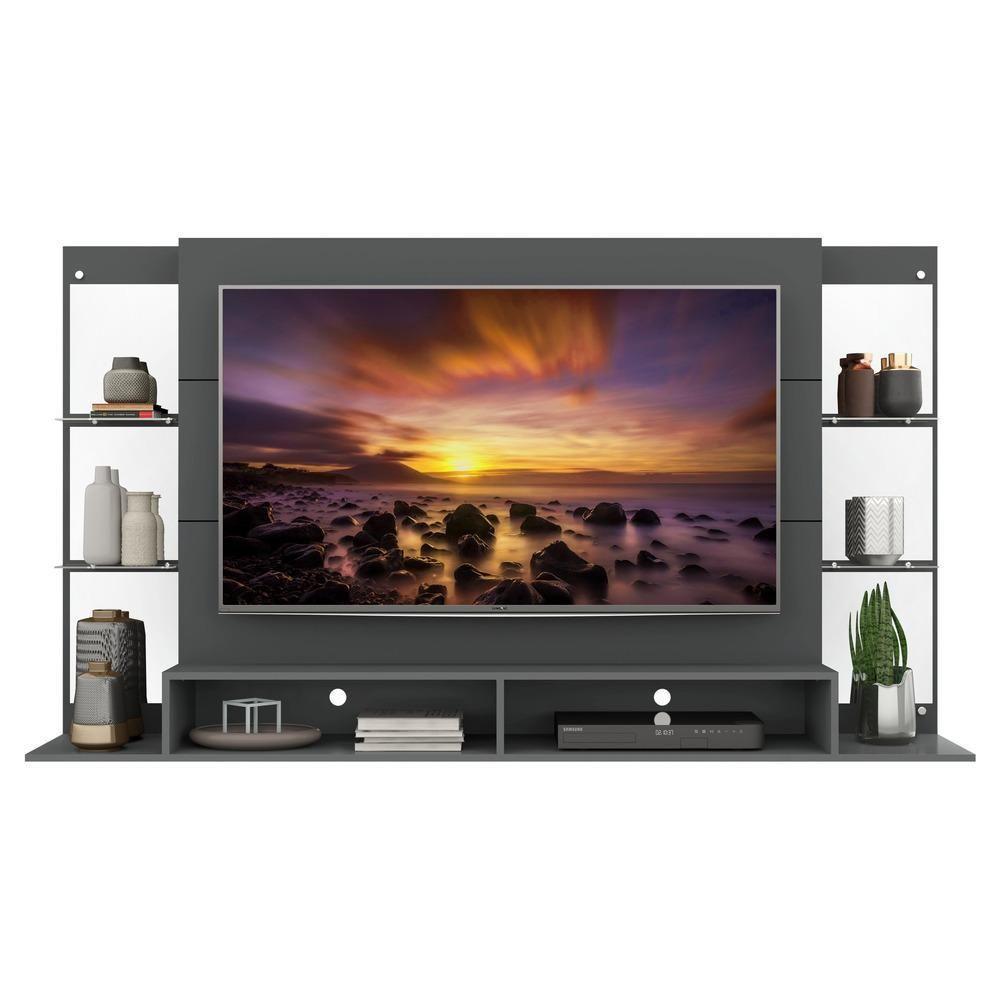 Painel Tv 60 com Suporte Espelho e Prateleiras Vidro Grafite - 4