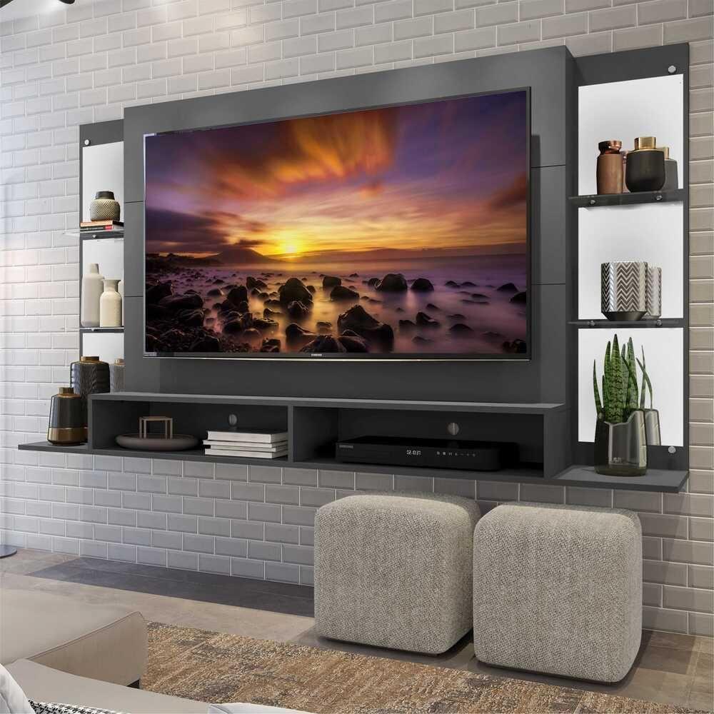 Painel Tv 60 com Suporte Espelho e Prateleiras Vidro Grafite - 7