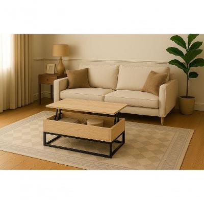 Mesa De Centro Baú Elevável Amadeirado Claro | Vira Mesa De Apoio Notebook | Mdf 15mm E Ferro