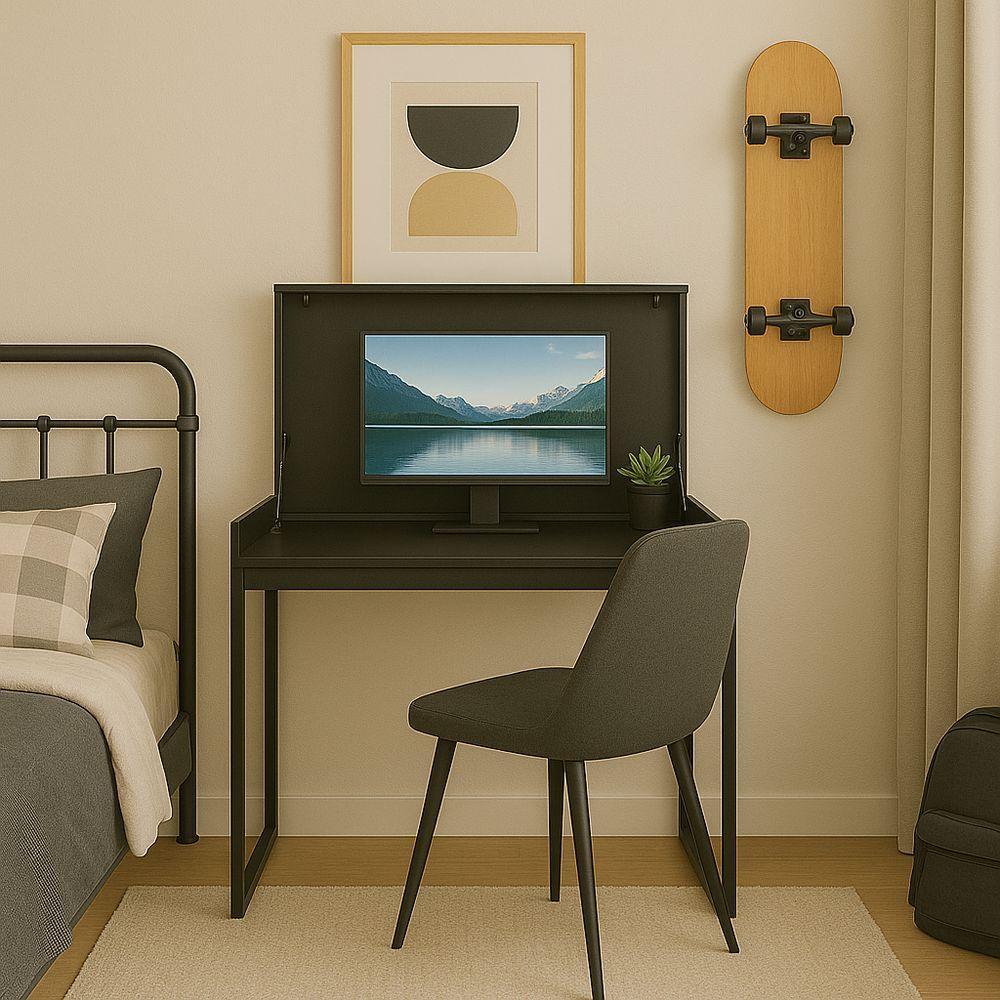 Workstation Slim Preto Mesa Home Office Com Tampo Articulado Oculta Monitor - 2