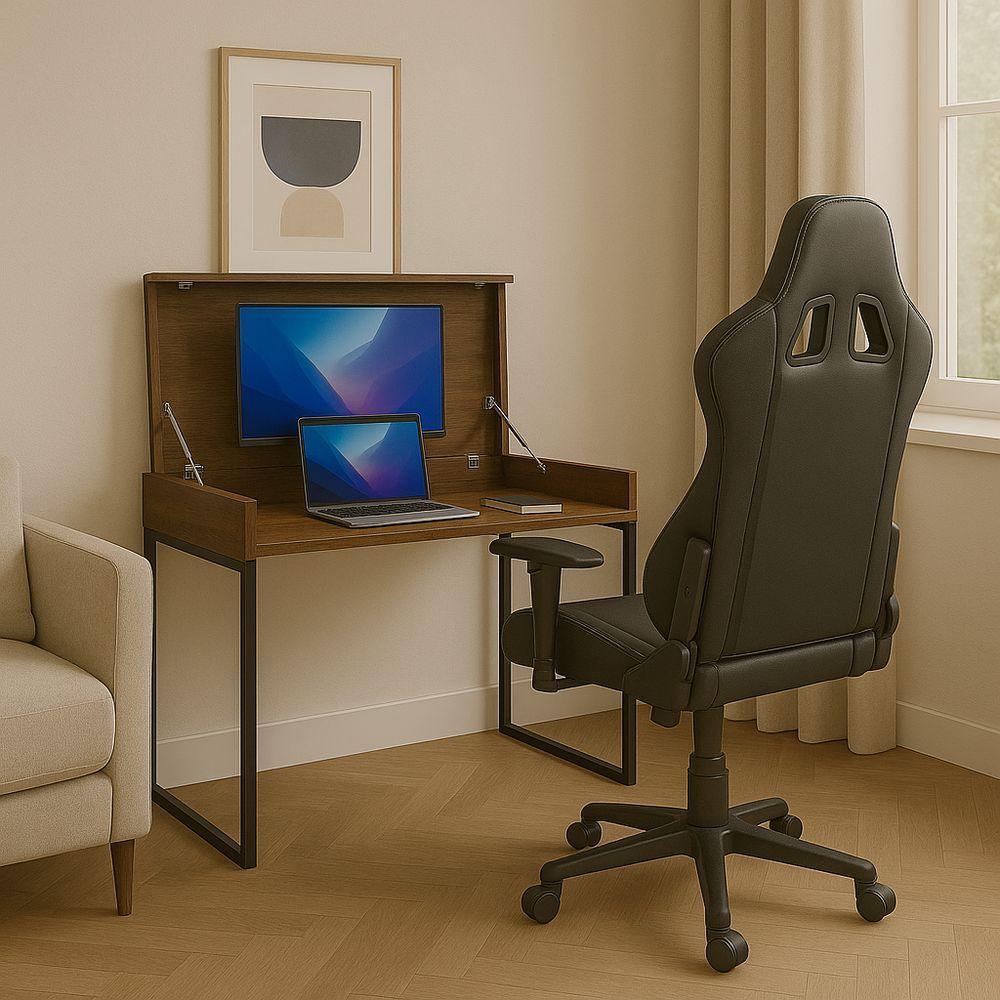 Workstation Slim Amadeirado Escuro Mesa Home Office Com Tampo Articulado Oculta Monitor - 2