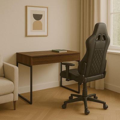 Workstation Slim Amadeirado Escuro Mesa Home Office Com Tampo Articulado Oculta Monitor