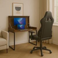 Workstation Slim Amadeirado Escuro Mesa Home Office Com Tampo Articulado Oculta Monitor - 2