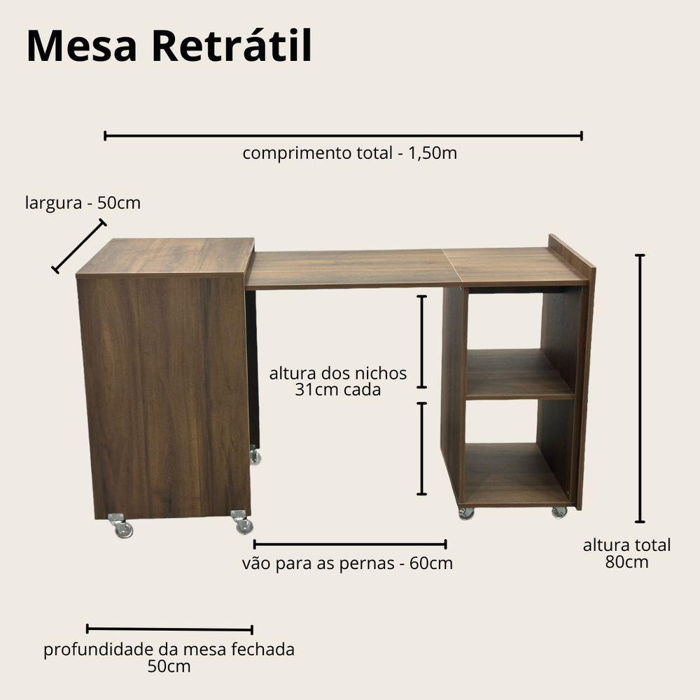 Mesa Retrátil Compacta Mdf 15mm Amadeirado Escuro Home Office Estudo Otimiza Espaço - 3