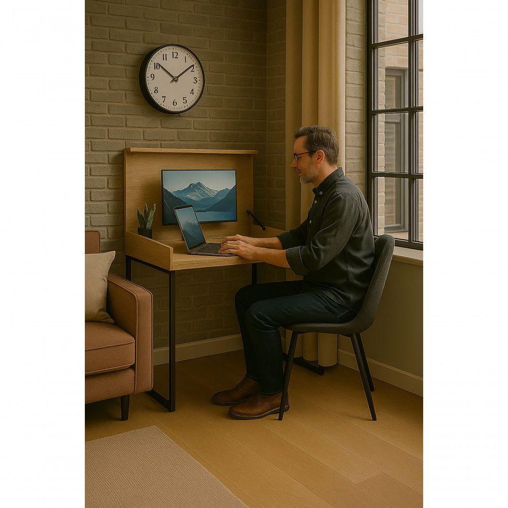 Workstation Slim Amadeirado Claro Mesa Home Office Com Tampo Articulado Oculta Monitor - 2