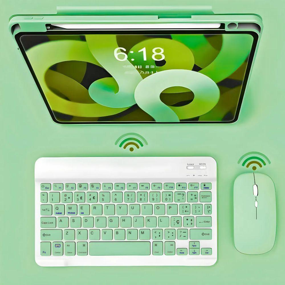 Teclado Sem Fio Bluetooth Recarregável Com Mouse - Branco Com Verde - 3