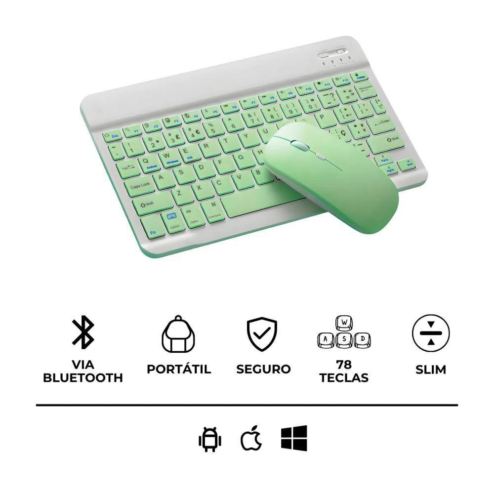 Teclado Sem Fio Bluetooth Recarregável Com Mouse - Branco Com Verde - 7