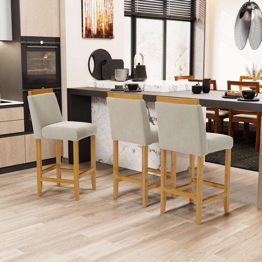 Kit Com 4 Banquetas Eloá Madeira Maciça Assento Estofado Para Bancada Veludo Bege 102 - 6