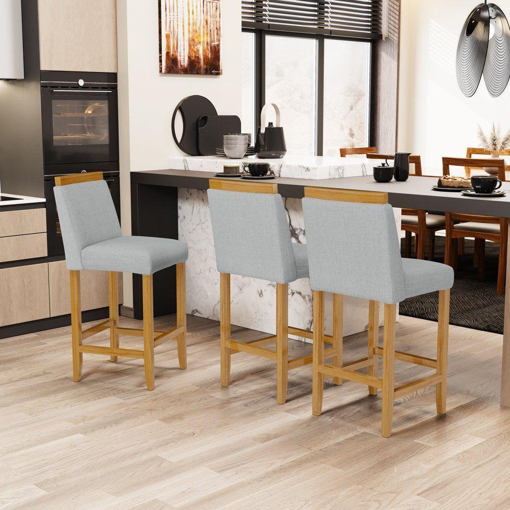 Kit Com 2 Banquetas Eloá Madeira Maciça Assento Estofado Para Bancada Linho Cinza 407 - 6