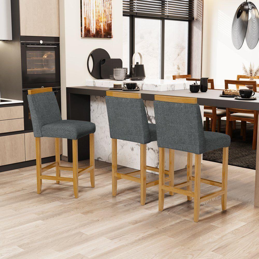 Kit Com 2 Banquetas Eloá Madeira Maciça Assento Estofado Para Bancada Linho Chumbo 406 - 6