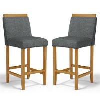 Kit Com 2 Banquetas Eloá Madeira Maciça Assento Estofado Para Bancada Linho Chumbo 406 - 1