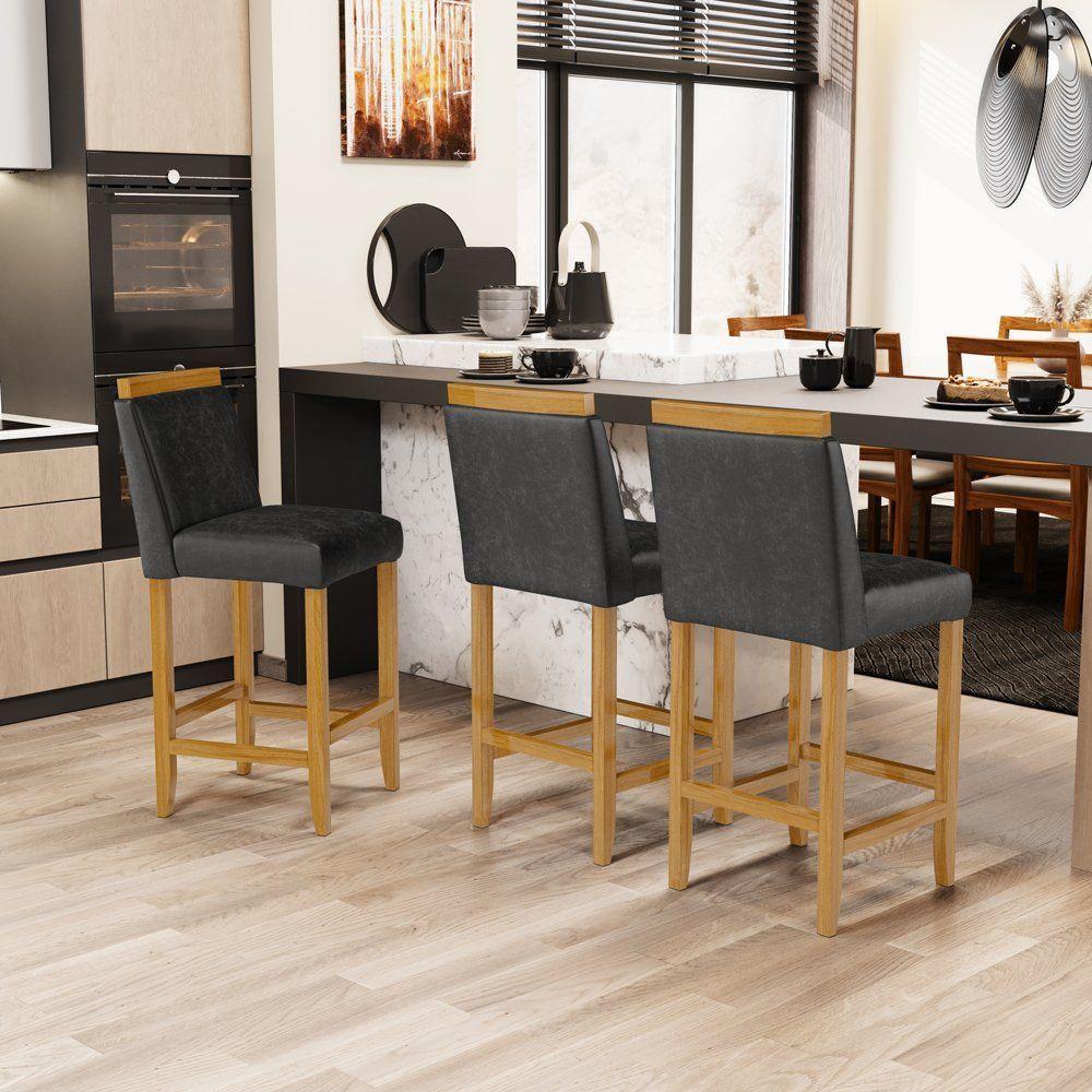 Kit Com 4 Banquetas Eloá Madeira Maciça Assento Estofado Para Bancada Courino Preto 503 - 6