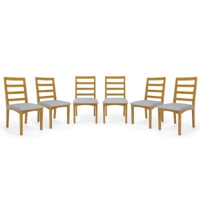 Kit Com 6 Cadeiras Cecília Madeira Maciça Assentos Estofados Para Mesa De Jantar Linho Cinza 407
