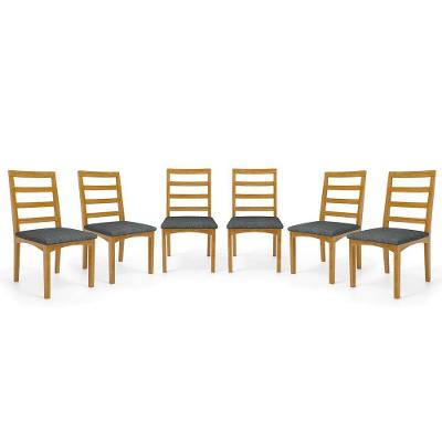 Kit Com 6 Cadeiras Cecília Madeira Maciça Assentos Estofados Para Mesa De Jantar Linho Chumbo 406
