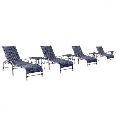 4 Espreguiçadeiras Catar 4 Mesas Garden Corda Náutica Trama Azul