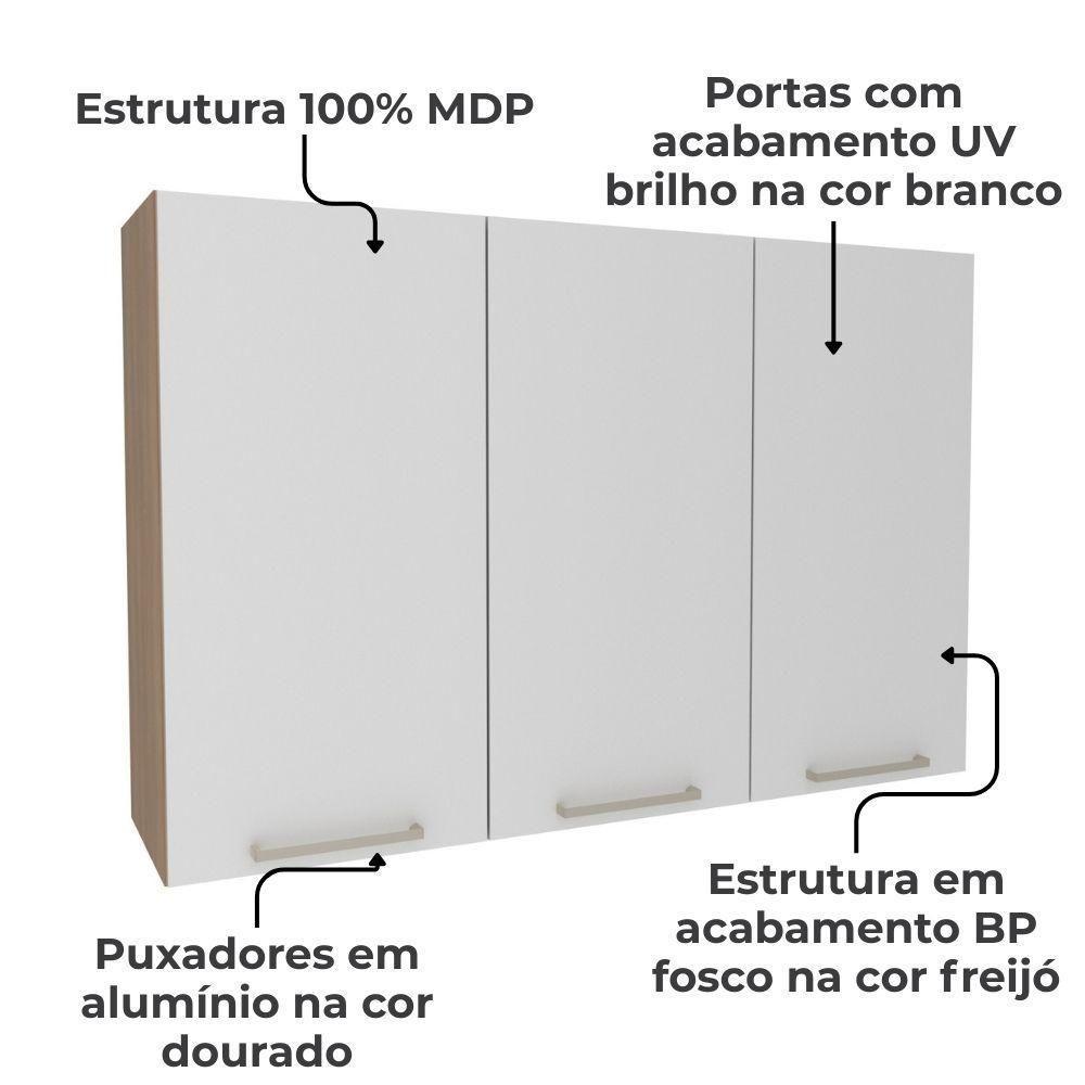 Armario Aereo 3 Portas 120 Cm Mdp Cz3109 Freijo Branco Tecno Mobili Freijo Branco - 3
