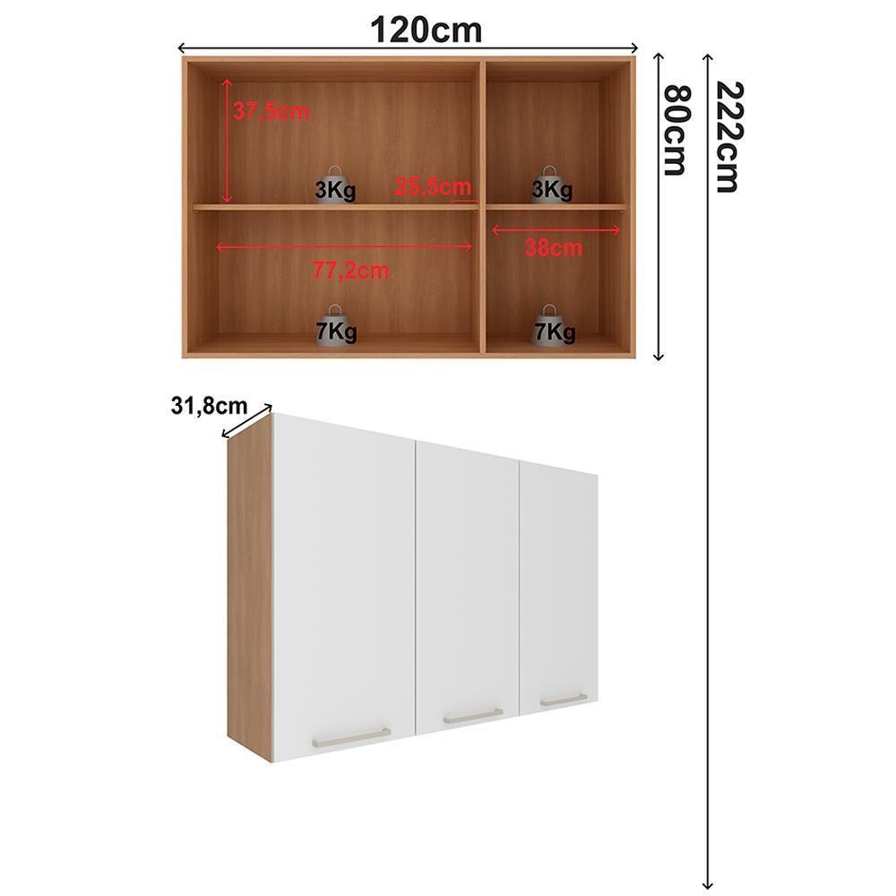 Armario Aereo 3 Portas 120 Cm Mdp Cz3109 Freijo Branco Tecno Mobili Freijo Branco - 4