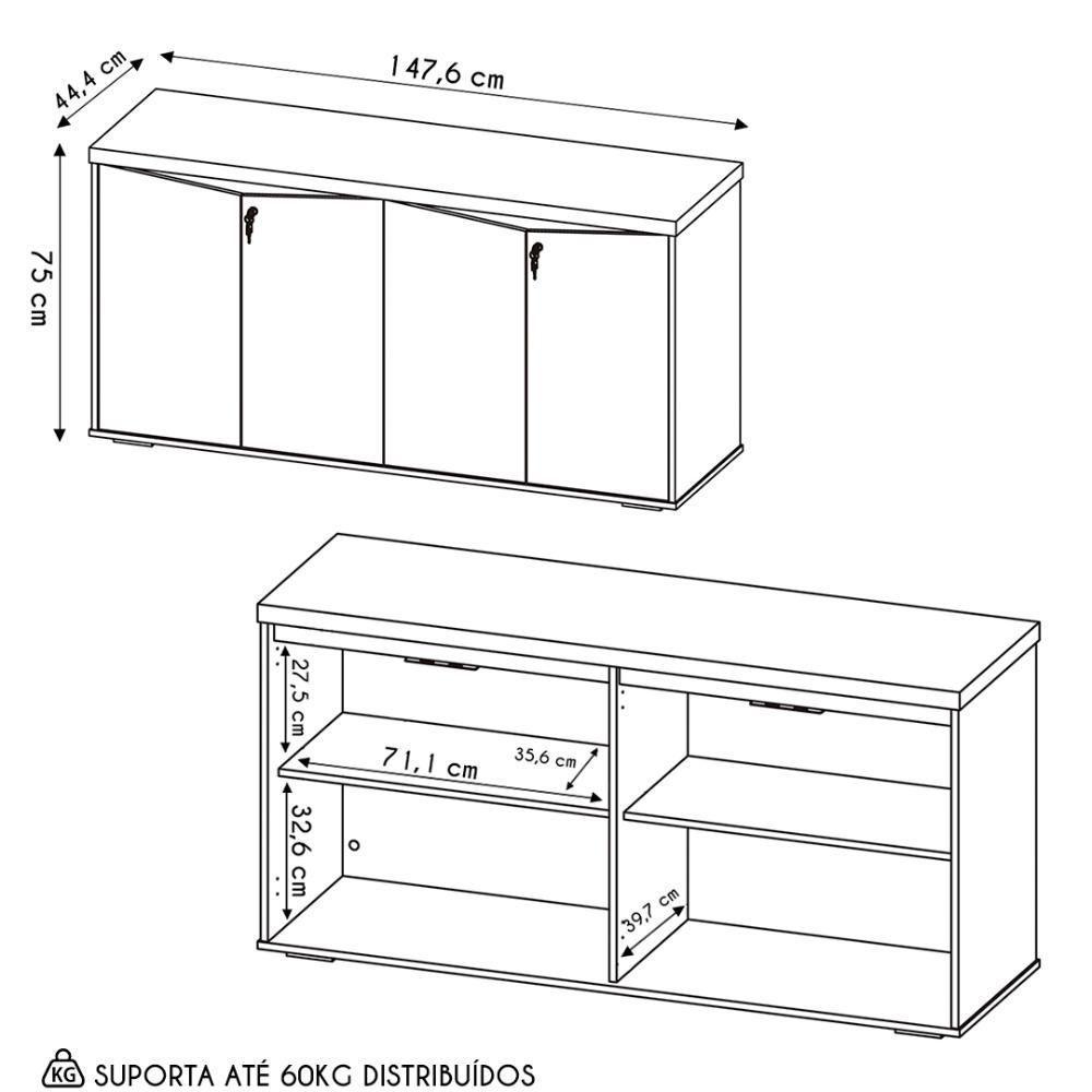 Balcão Para Escritório Com Chave 148cm Corp A06 Freijó-branco - Mpozenato - 4