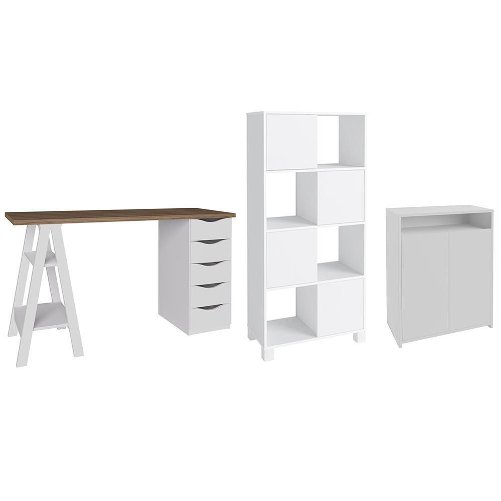Conjunto Escritório Home Office 3 Peças Maly A06 Nogal-branco - Mpozenato - 1