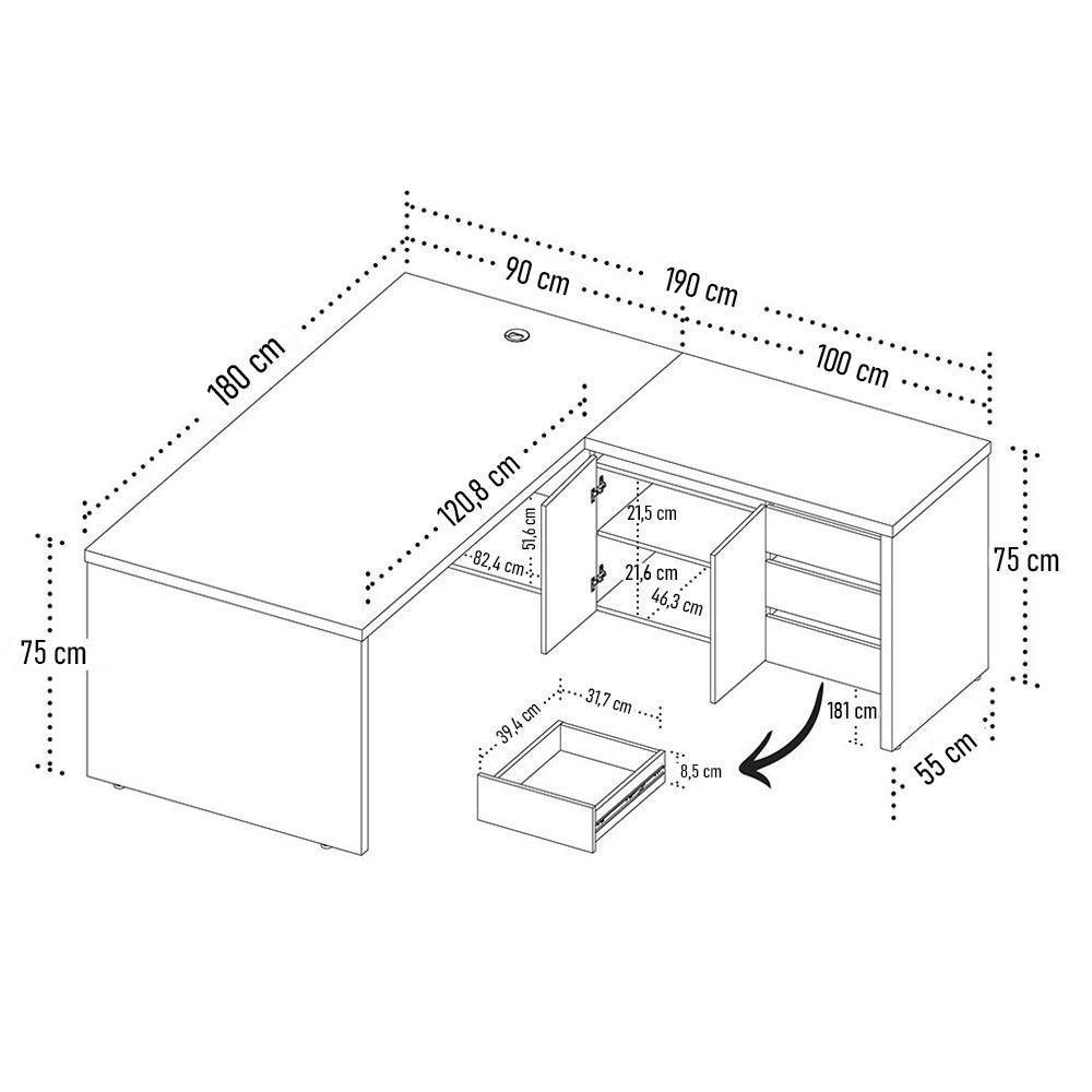 Mesa Para Escritório Em L 180x190cm Tamburato Corp A06 Nogal-preto - Mpozenato - 4