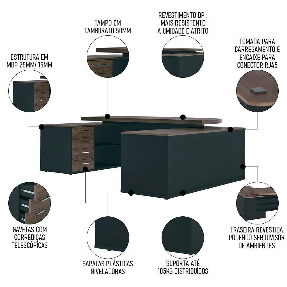 Conjunto Escritório Home Office 3 Peças Corp A06 Charuto-preto - Mpozenato - 3