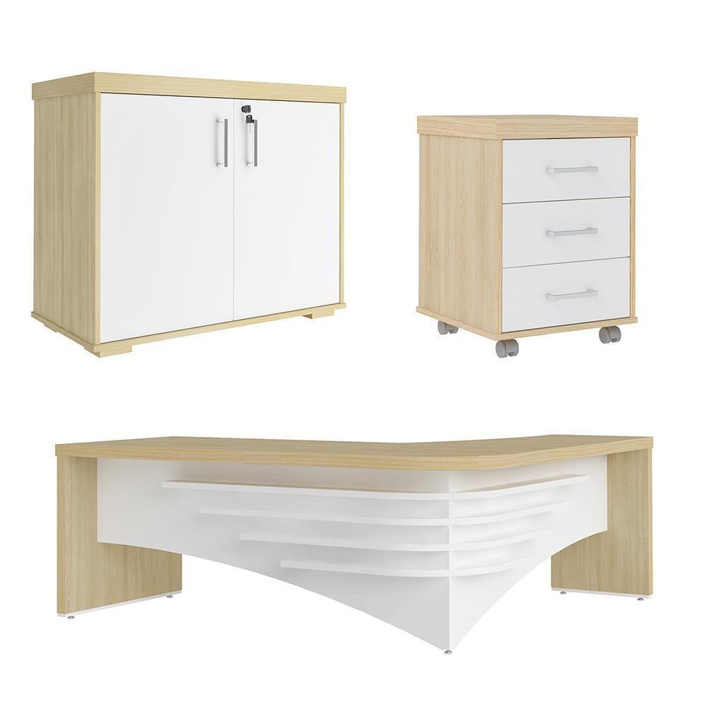 Conjunto Escritório Home Office 3 Peças Mesa Em L Corp A06 Carvalho-branco - Mpozenato - 1