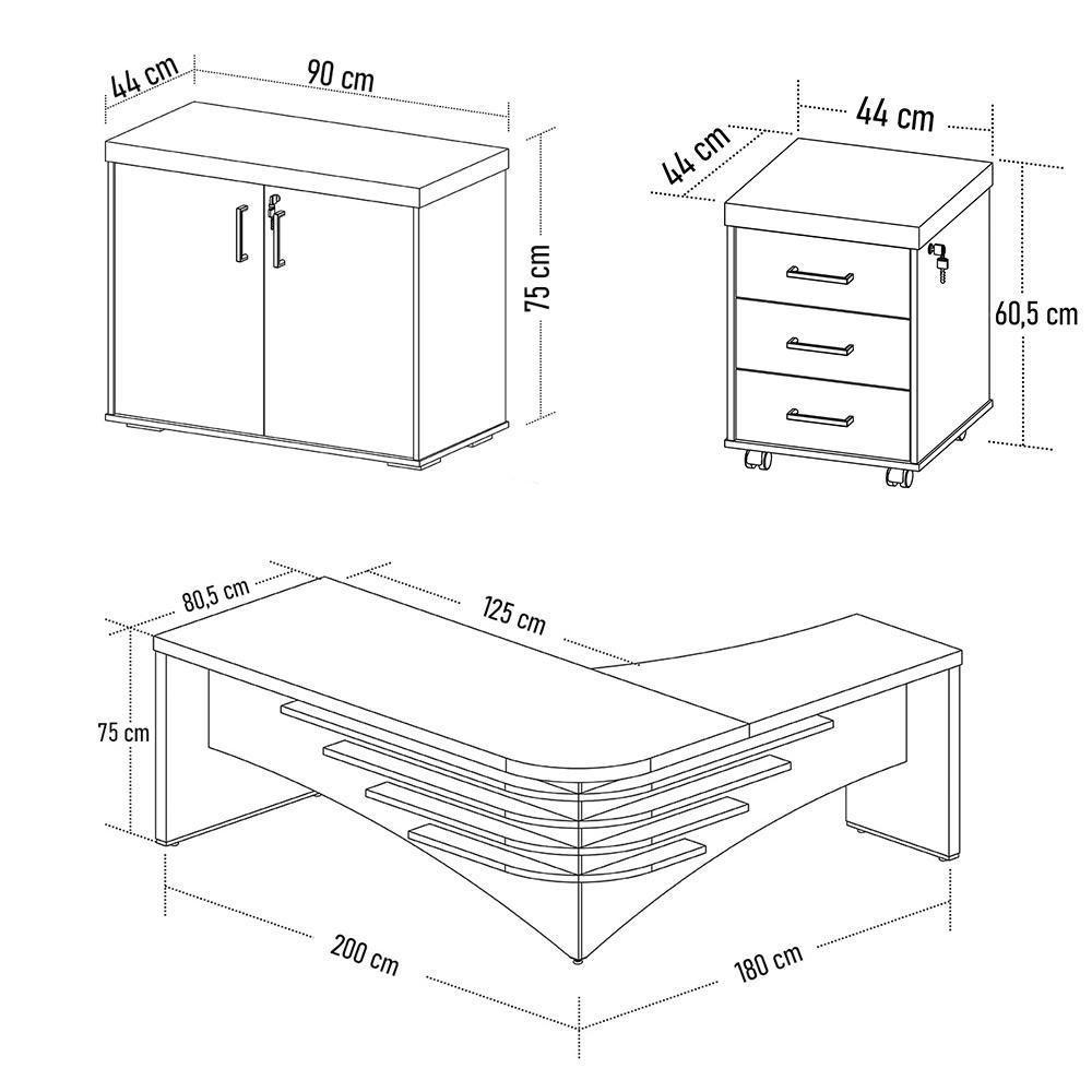 Conjunto Escritório Home Office 3 Peças Mesa Em L Corp A06 Carvalho-branco - Mpozenato - 4