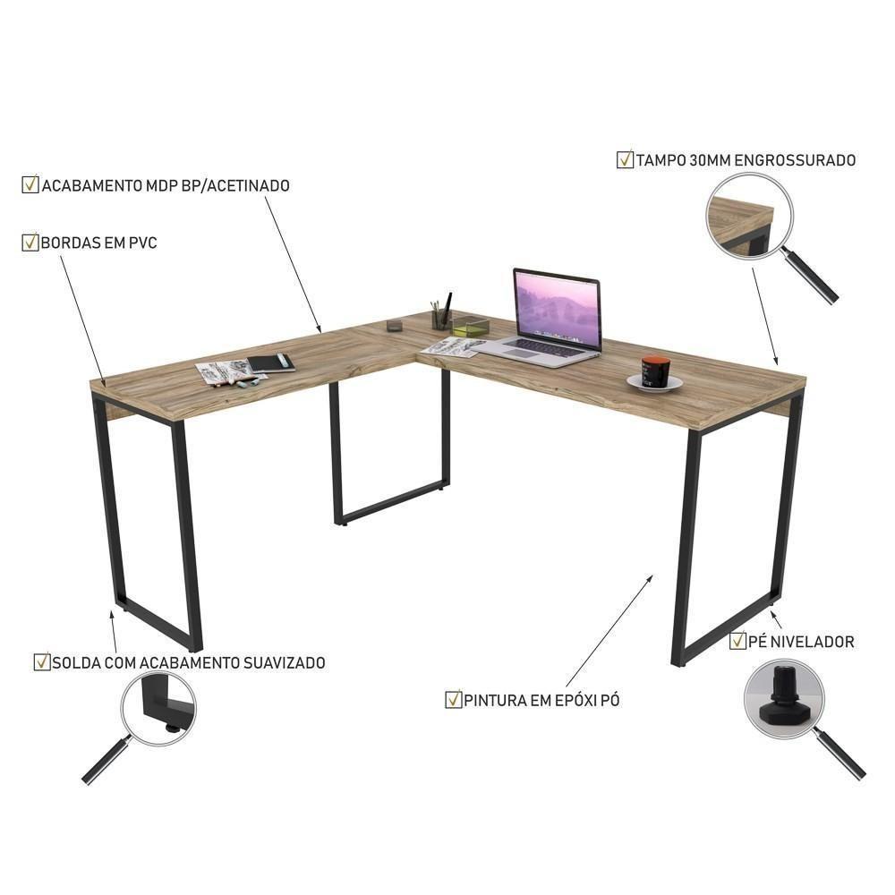 Mesa De Escritório Office Em L 150x150cm Estilo Industrial Prisma C08 Carvalho - Mpozenato - 3