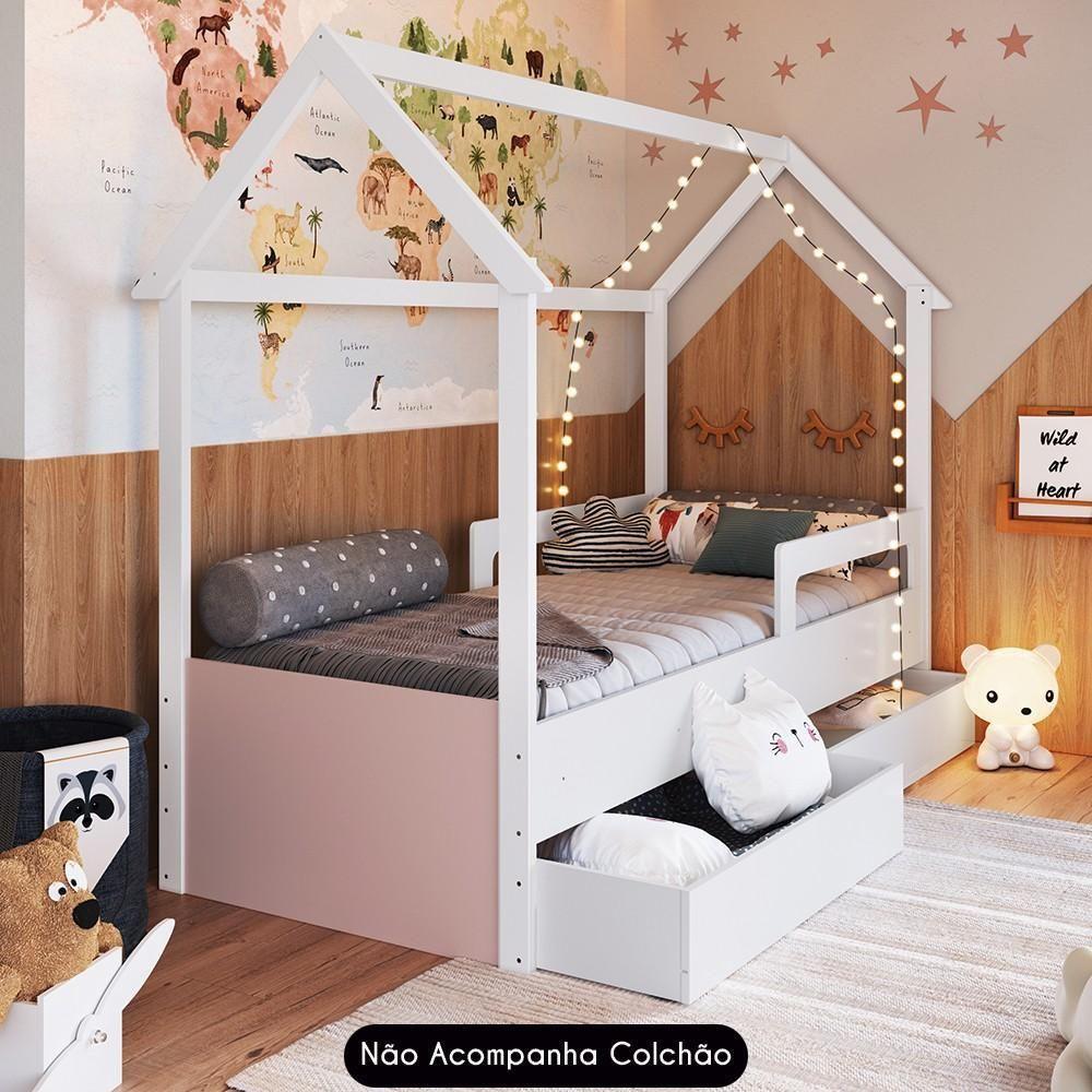 Cama Infantil Casinha Com 2 Gavetas Infix C06 Branco-rosa - Mpozenato - 2