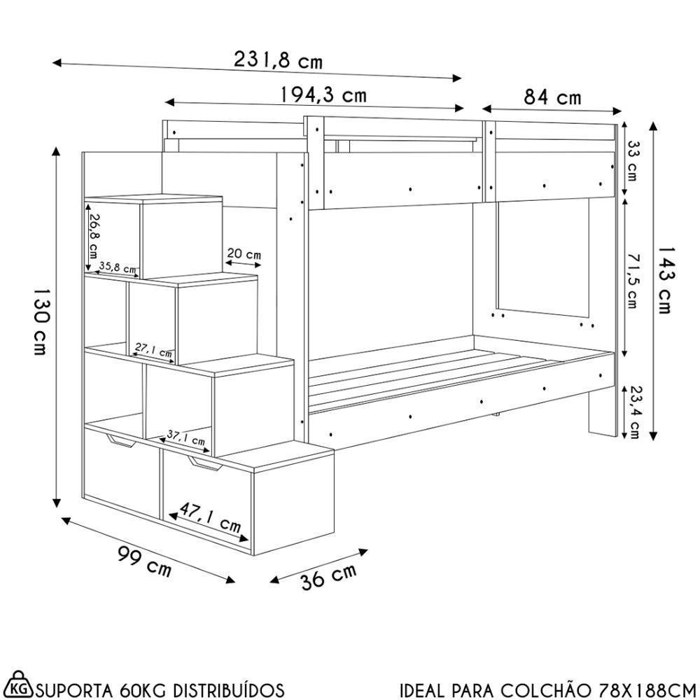 Beliche Infantil Com Escada Nichos E Gavetas Infix C06 Branco - Mpozenato - 4