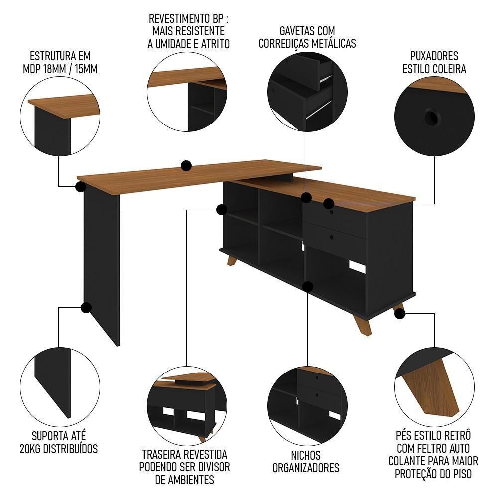 Mesa Escrivaninha Em L 2 Gavetas E Nichos Golden A06 Freijó-preto - Mpozenato - 2