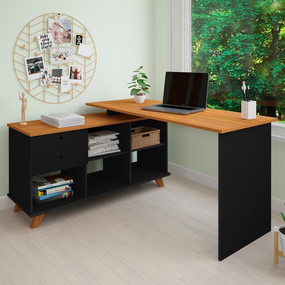 Mesa Escrivaninha Em L 2 Gavetas E Nichos Golden A06 Freijó-preto - Mpozenato - 6