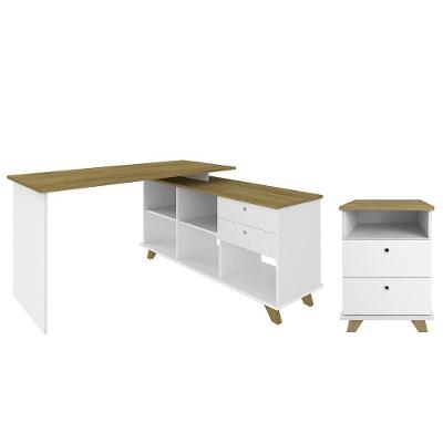Mesa Escrivaninha em l Golden e Gaveteiro May A06 Moderna 4 Gavetas MDF Branco para Home Office