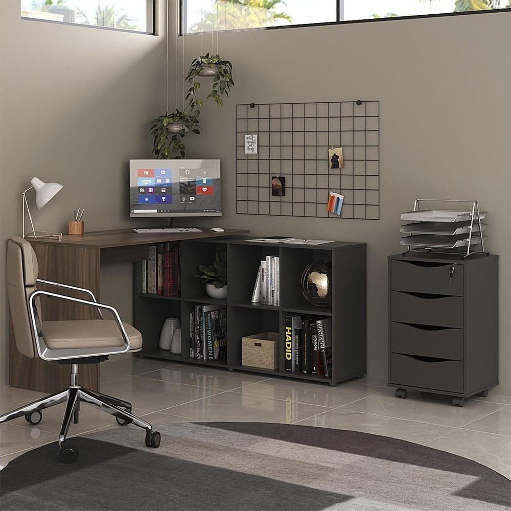 Mesa Escrivaninha Em L Eron E Gaveteiro Com Rodízios Mity A06 Ipê-preto - Mpozenato - 2