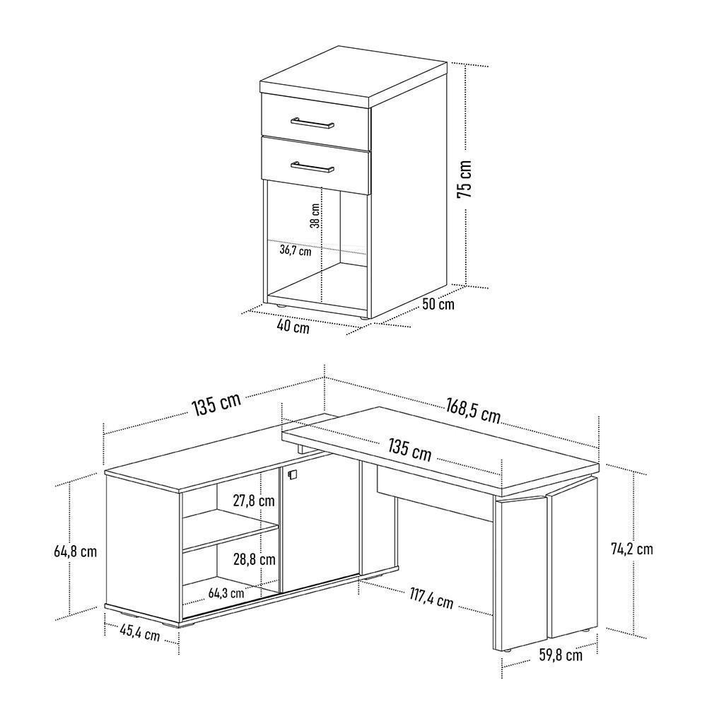 Mesa Escrivaninha Em L Sharp E Gaveteiro 2 Gavetas Tok A06 Olmo-branco - Mpozenato - 8