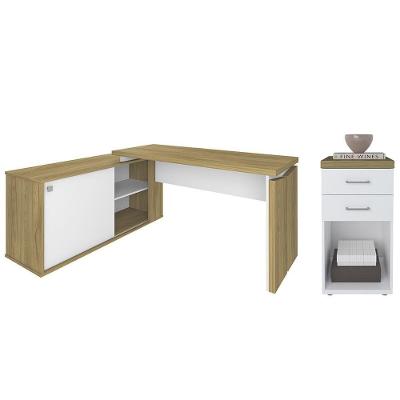 Mesa Escrivaninha em l Sharp Moderna 2 Gavetas MDF com Gaveteiro Branco para Escritório