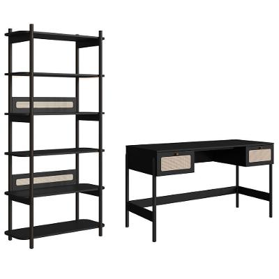 Mesa Escrivaninha e Estante Retangular Arlo A10 Retrô 2 Gavetas MDF Preto