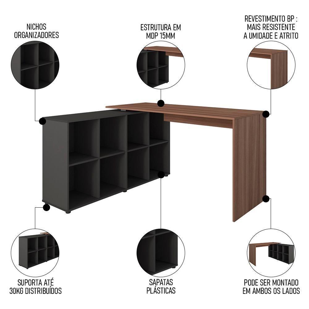 Mesa Escrivaninha Em L 140x130cm 8 Nichos Eron A06 Ipê-preto - Mpozenato - 3