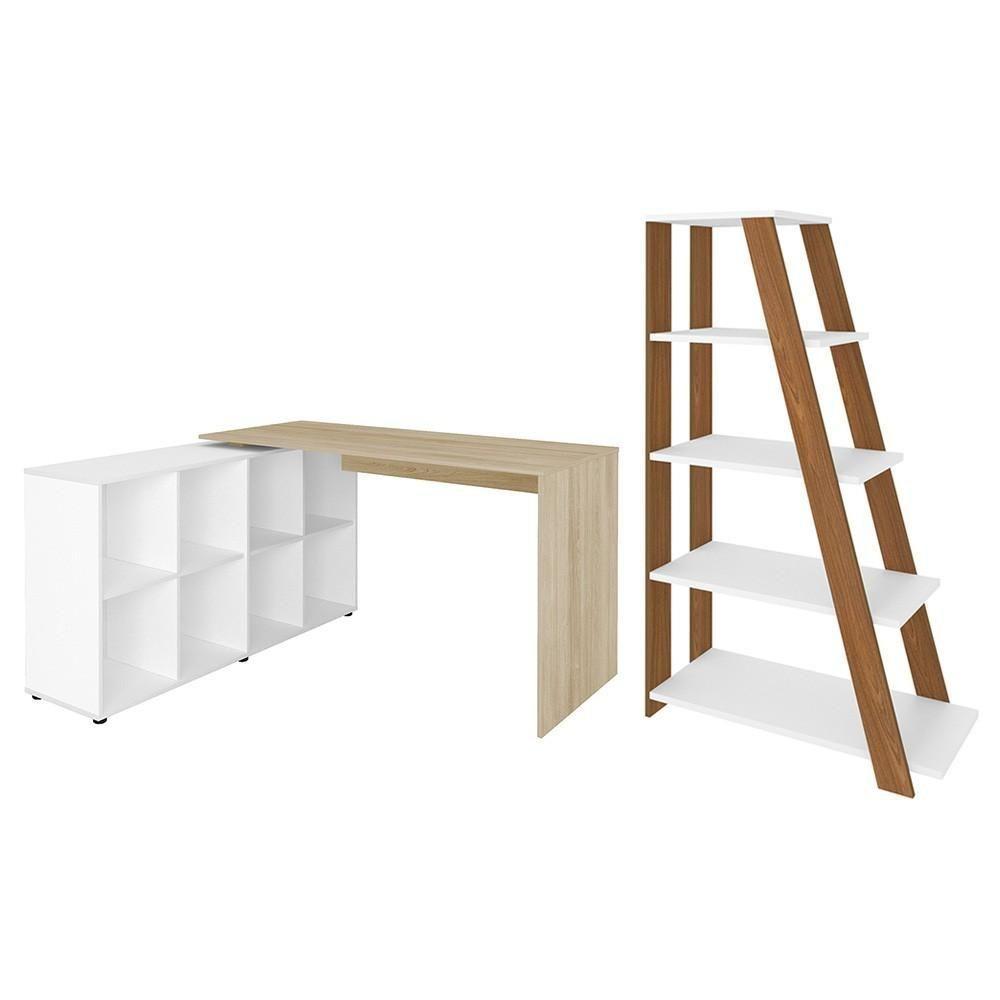 Mesa Escrivaninha Em L Eron E Estante Livreiro Stela A06 Branco-carvalho-freijó - Mpozenato - 1