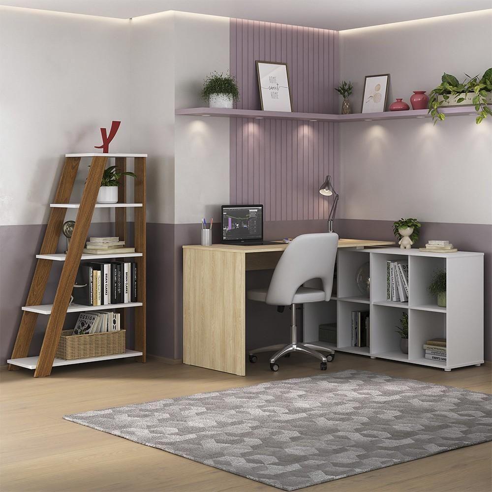 Mesa Escrivaninha Em L Eron E Estante Livreiro Stela A06 Branco-carvalho-freijó - Mpozenato - 2